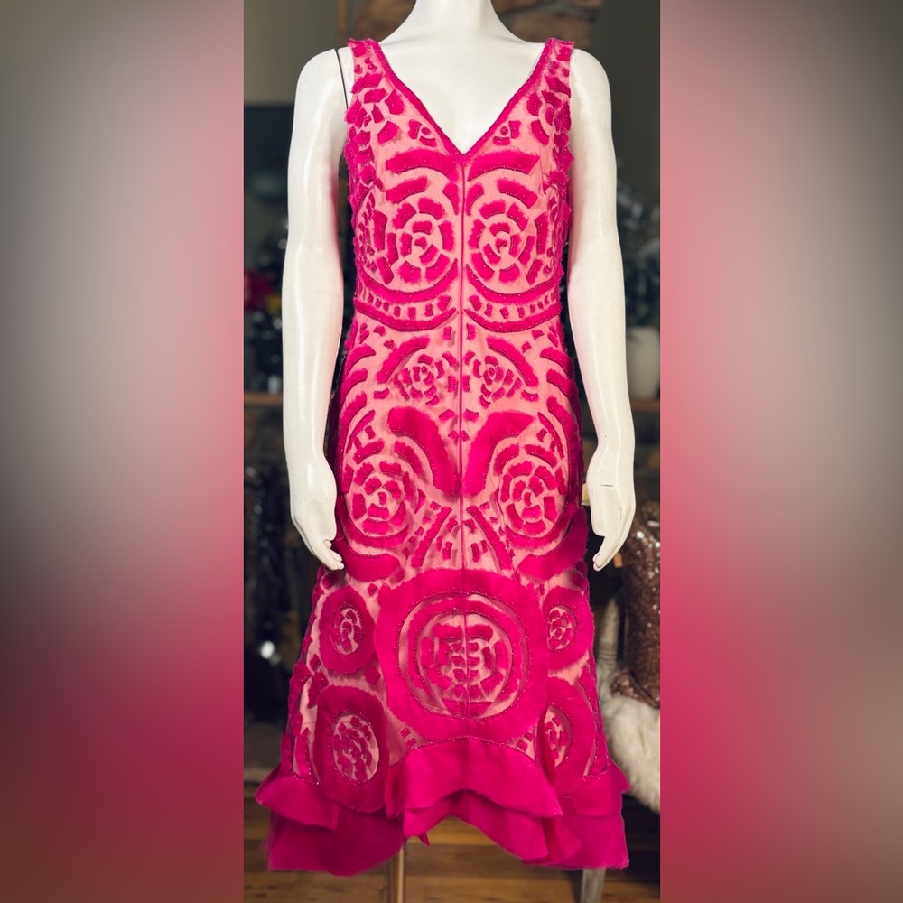 Angel Sanchez Fuchsia & Beige 2 Layer Beaded Appliqué Silk V-Neck Dress, Sz 6
